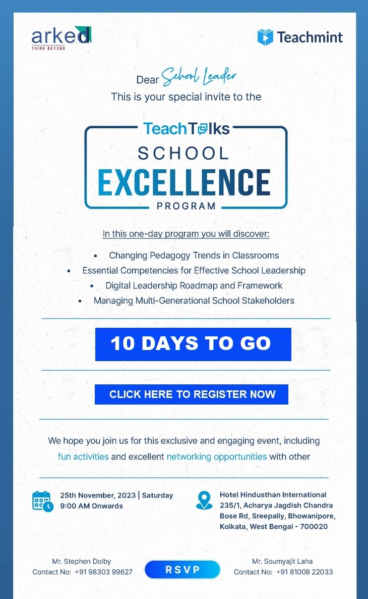 ArkedInfotech's tweet image. 🌟 Join Teach Talks: School Excellence Program!

Register now to secure your spot: 
🔗 lnkd.in/gXmvcFz3

For any queries:
📧 Mailto: info@arked.in
📞 Call: +91 98300 62700

#TeachTalks #SchoolExcellence #EducatorNetworking #TeachmintCertificate #EducationEvent