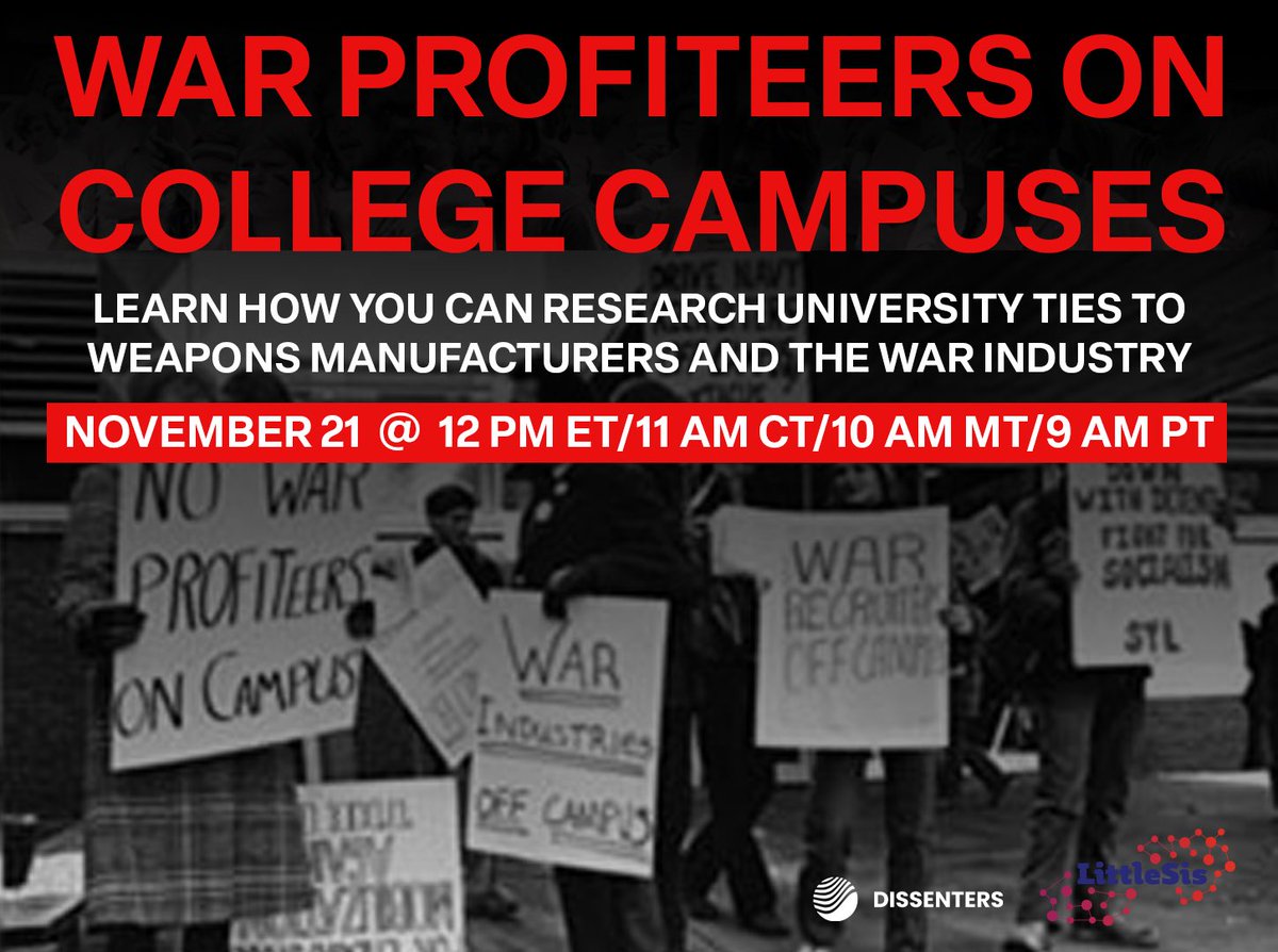Colleges across the country are repressing students who speak out against Israel's genocide in Palestine. Join us on November 21 @ 12 PM ET to learn how you can follow the money and discover which war profiteers are funding your education. us06web.zoom.us/webinar/regist…