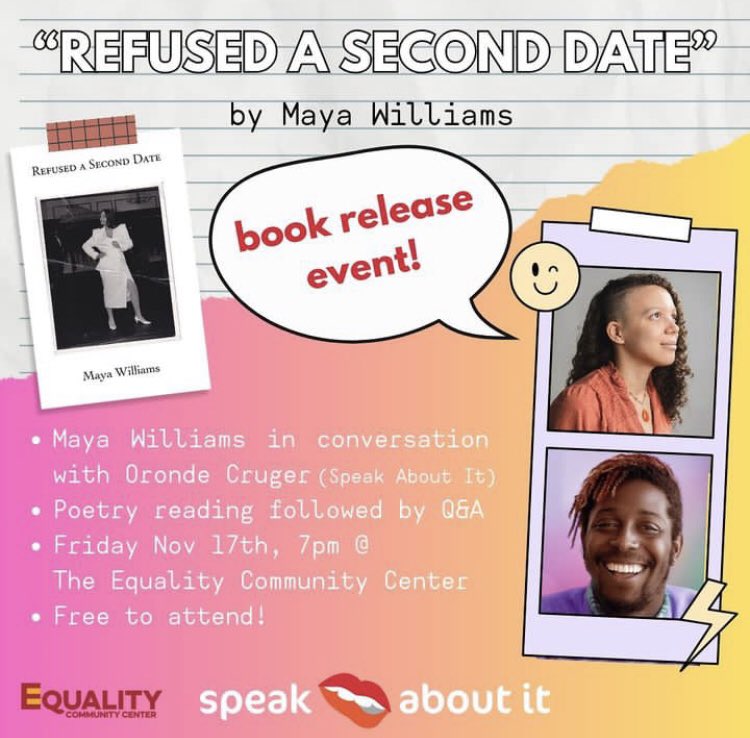 Happening in our Community at the Equality Community Center 

FRIDAY, 11/17 @ 7pm:  celebrate the release of @emmdubb16's new book!  Maya will be reading a selection of their poems, followed by a Q&A with ECC's Executive Director, Oronde Cruger.

facebook.com/events/8779858…