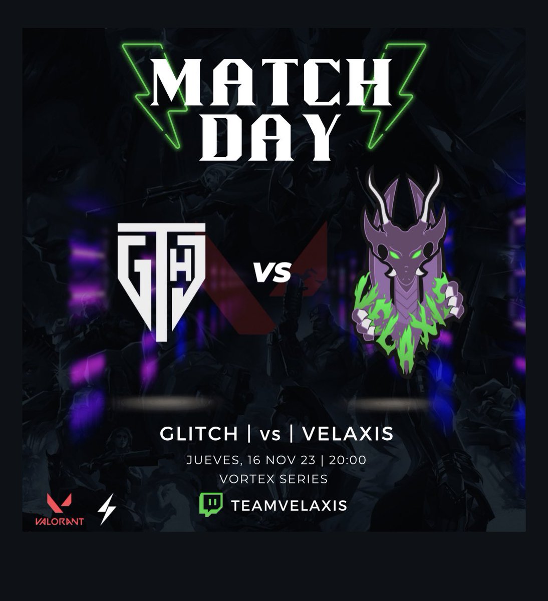 TeamVelaxis's tweet photo. 🟣EN VIVO EN TWITCH TEAMVELAXIS🟣 

🐲MATCH DAY!!! 

🔴 Esta tarde nos enfrentamos a @Glitch_Esp en otra jornada de la @vortex_series 

⚔️Vamos en busca de la segunda victoria, lo conseguirán hoy?🐲

#teamvelaxis #vortexseries #valorant #valorantcompetitive https://t.co/f4NihO6k24