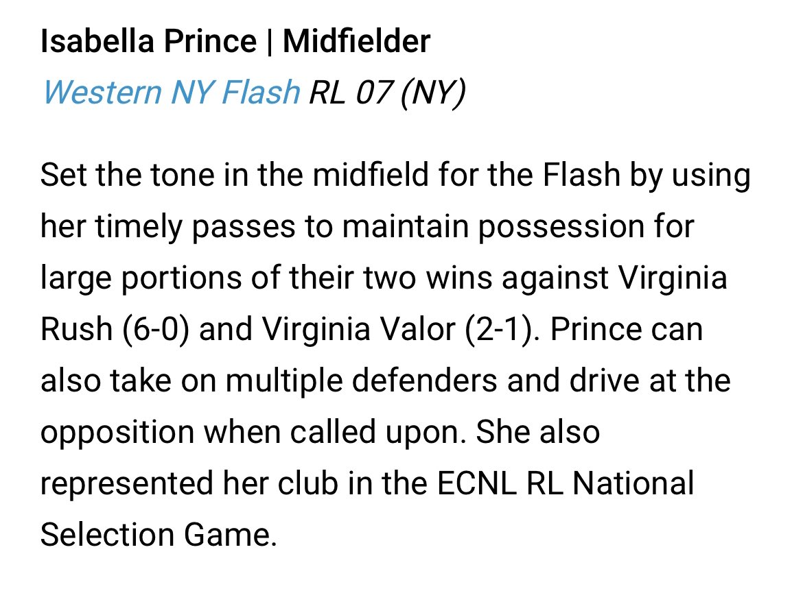 WNYFlashECRL07's tweet photo. Thank you @TheSoccerWire for recognizing our midfielder Bella Prince! https://t.co/uYuKqFRtGE