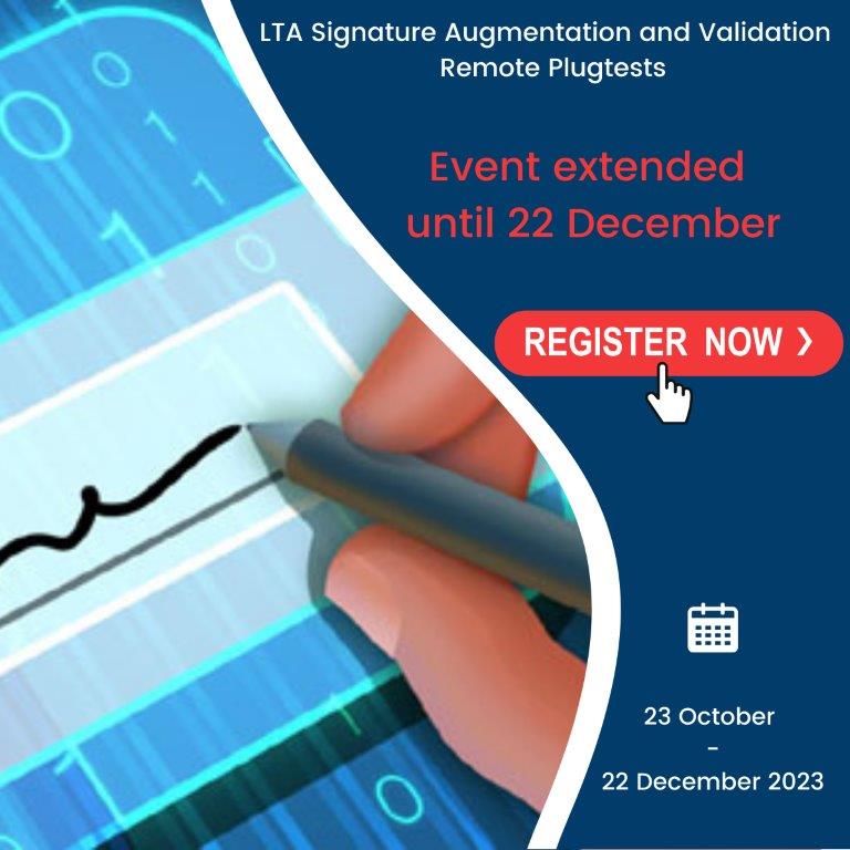 ETSI_STANDARDS's tweet photo. The LTA Signature Augmentation &amp; Validation Plugtests 2023 is extended for 4 weeks (until 22 Dec) upon participants’ request to allow more time to complete
testing! 
https://t.co/FkHWm9ghsW 
#ETSI #TheStandardsPeople #LTAPlugtests #testing #interoperability #electronicsignature https://t.co/RblR88U0gx