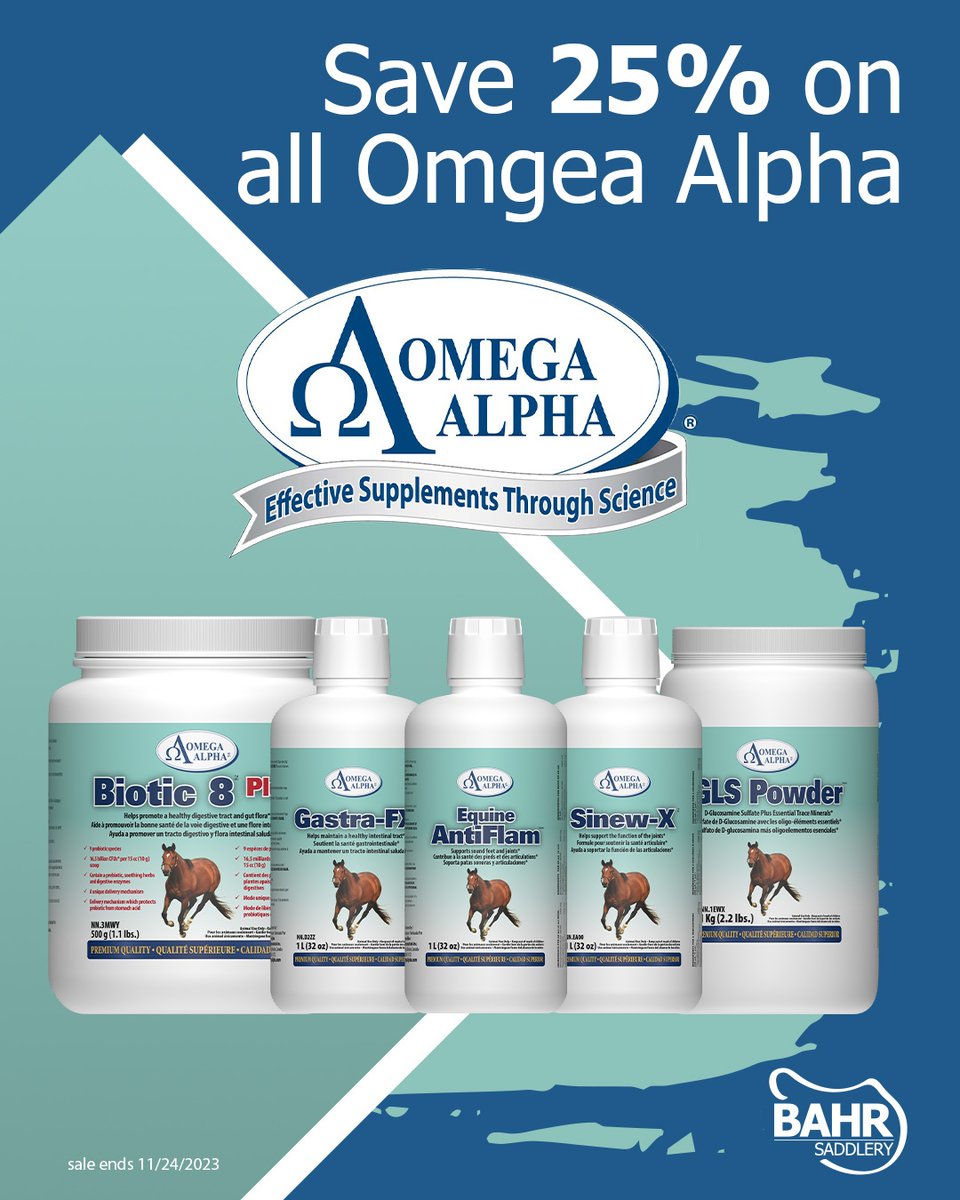 Take advantage of 25% off Omega Alpha products and try something new or stock up on your tried and true supplements. 

🛍️: bahrsaddlery.com/featured-produ…

Ends November 24th, 2023