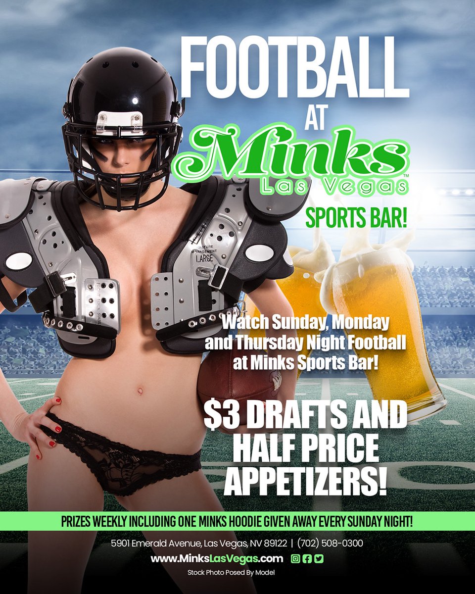minkslasvegas's tweet photo. It's game time! 🏈 Get excited for football season at Minks - Las Vegas: $3 drafts &amp; 1/2 price appetizers every Sunday, Monday &amp; Thursday 🍔 #SundayFunday #MondayNightFootball #ThursdayNightFootball 📺 #MinksVegas #LasVegasSportsBar https://t.co/bppWM34Ai6