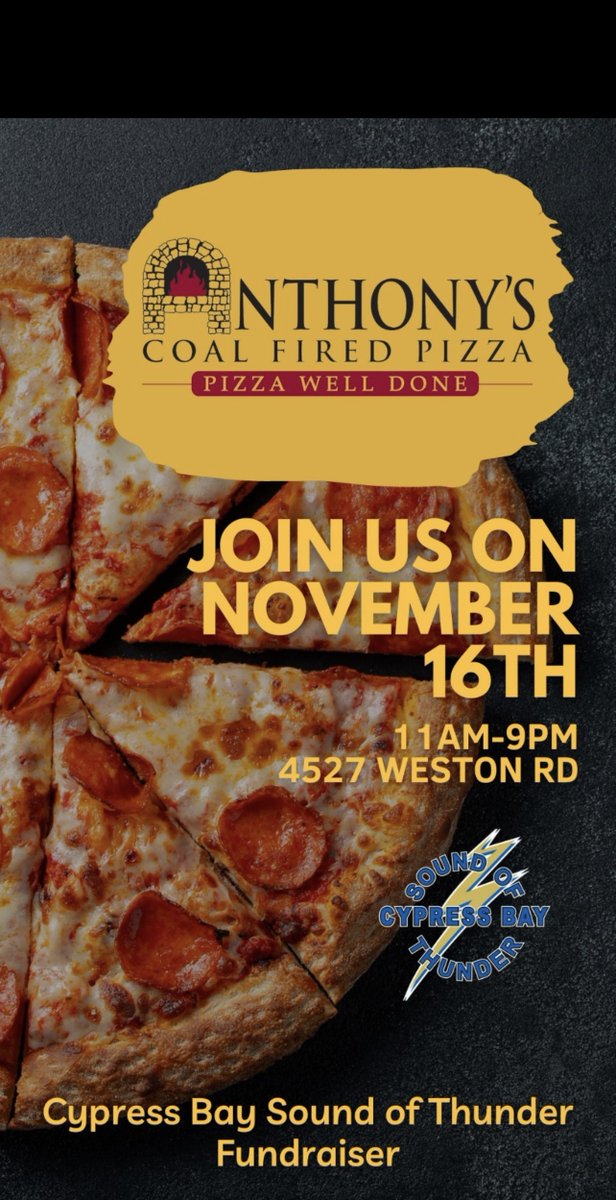 Support the Sound of Thunder by mentioning the band at Anthony's Coal Fired Pizza on Weston Road between 11:00 AM and 9:00 PM today!