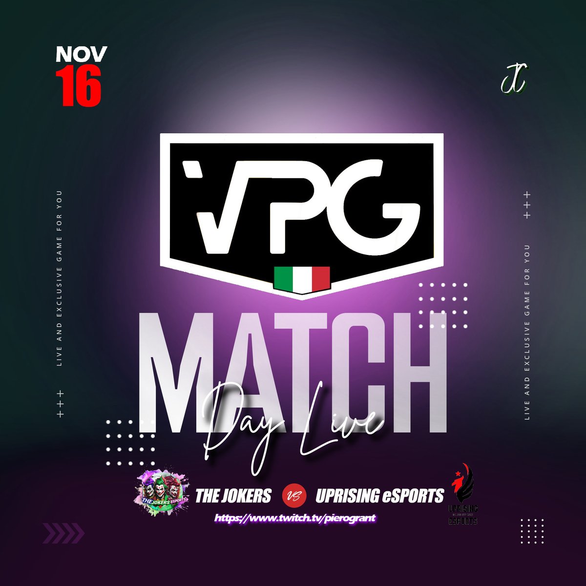 MATCH DAY!

THE JOKERS vs UPRISING ESPORS

<a href="/VPGItaly/">Virtual Pro Gaming Italy 🇮🇹</a>

live su Twitch start 21,30
twitch.tv/pierogrant

@RT_NoLimits <a href="/pctransfermarkt/">🇮🇹 PRO CLUBS TRANSFERMARKT🔍</a> @RTprocluk
<a href="/RTproclub/">𝚁𝚃𝚙𝚛𝚘𝚌𝚕𝚞𝚋</a> <a href="/RTProClubs/">RTProClubs</a> <a href="/RTProClubs/">RTProClubs</a>
<a href="/RTProClubItalia/">RT PRO CLUB ITA</a> <a href="/rtproclubitaly/">Pro-Club Italy</a>