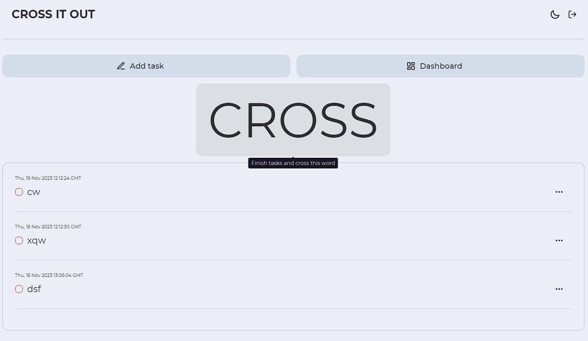 🗒️ Every day you have lots of tasks to do. 
🤔📝 You think about where to write them.

💡Let me give you an alternative solution: 

❌ Cross it out
 
Add tasks -> do them -> cross the word.
It’s not that hard.

cross-ffc63.web.app