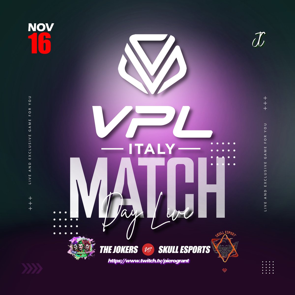 MATCH DAY!

THE JOKERS vs SKULL ESPORTS 

<a href="/VPLItaly/">VPL Italy 🇮🇹</a> 

live su Twitch start 21,30
twitch.tv/pierogrant

@RT_NoLimits <a href="/pctransfermarkt/">🇮🇹 PRO CLUBS TRANSFERMARKT🔍</a> @RTprocluk
<a href="/RTproclub/">𝚁𝚃𝚙𝚛𝚘𝚌𝚕𝚞𝚋</a> <a href="/RTProClubs/">RTProClubs</a> <a href="/RTProClubs/">RTProClubs</a>
<a href="/RTProClubItalia/">RT PRO CLUB ITA</a> <a href="/rtproclubitaly/">Pro-Club Italy</a>