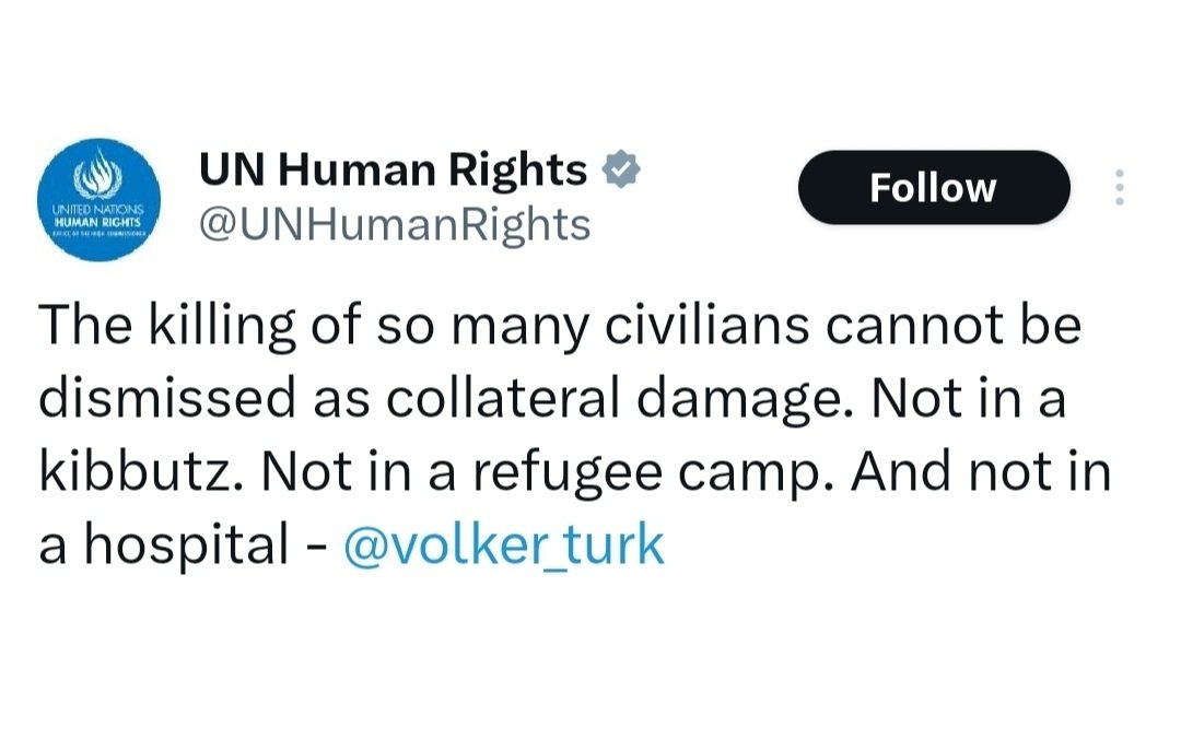 No, @UNHumanRights, Israelis killed in kibbutz were not “collateral damage”. Hamas terrorists came with the intention of killing them. Shame on you!