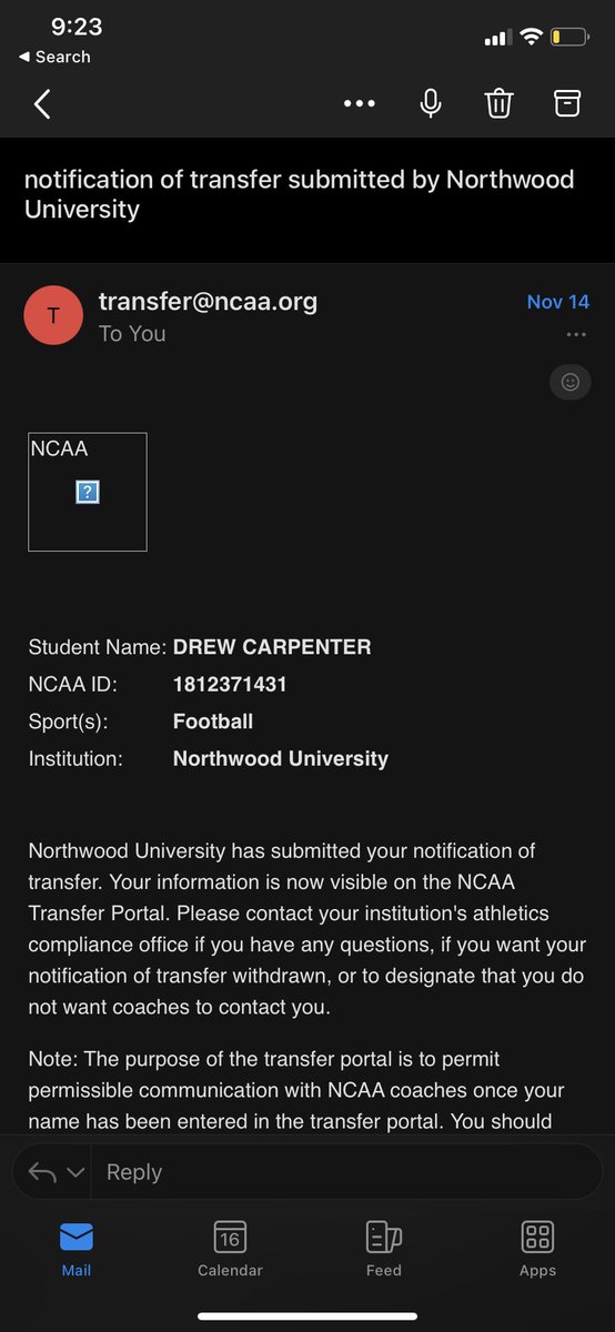 drew2carpenter's tweet photo. I have officially entered the transfer portal with 1 year of eligibility remaining. Thankful to Northwood University for the last 4 years. https://t.co/yOO2yGzadb