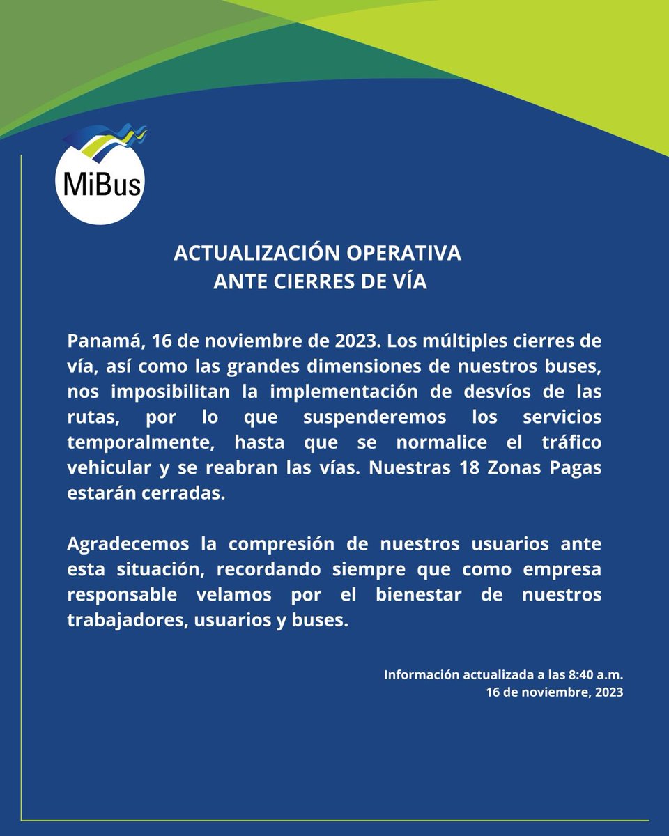Importante anuncio de MI BUS, ante los eventos de hoy 16 de noviembre.
