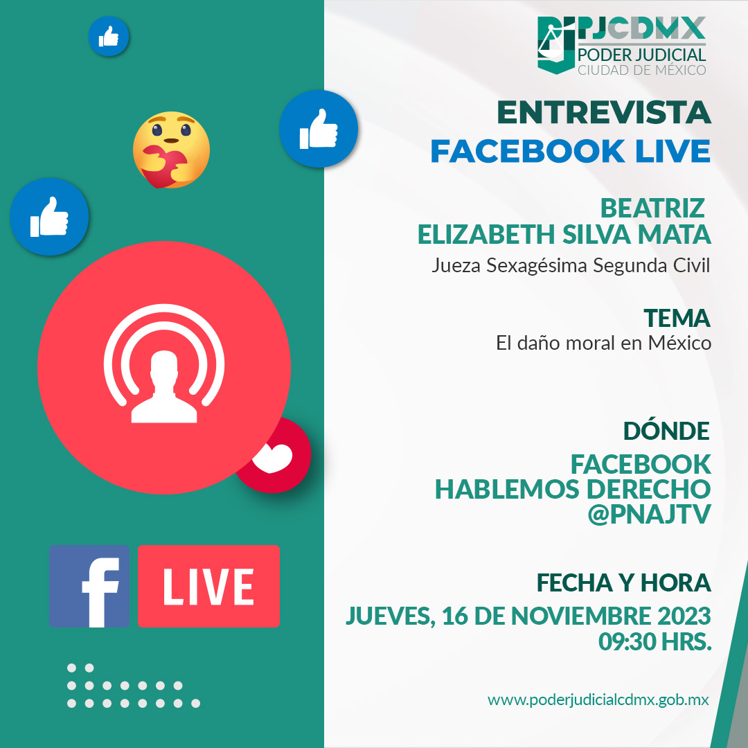 🎙️ No te pierdas la oportunidad de aprender sobre "El daño moral en  México" con Beatriz Elizabeth Silva Mata, en vivo por Facebook.
Hoy a las 09:30 HRS.
¡Prepara tus preguntas y únete a la conversación en <a href="/HDerechotv/">Hablemos DerechoTV</a>!
#PJCDMX #CulturaJurídica