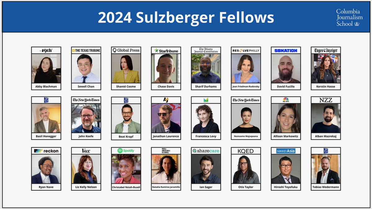 columbiajourn's tweet photo. Meet the 2024 Fellows of the Sulzberger Executive Leadership Program at Columbia Journalism School: https://t.co/QJFgbGmcuc

Each fellow will use the 21 weeks of the program to accelerate a strategic project for their organization. Below, meet each 2024 Sulzberger Fellow…🧵👇 https://t.co/T7wQneppin