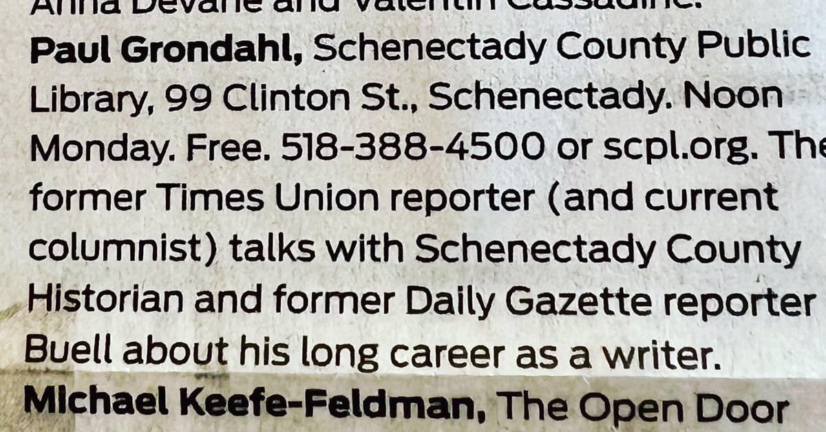 Come hear a couple of recovering journos and journeymen wordsmiths swap war stories Monday at noon in the Electric City. <a href="/SCPL_NY/">Schenectady Library</a> <a href="/nyswi/">NYS Writers Institute</a> <a href="/dgazette/">Daily Gazette</a> <a href="/timesunion/">Times Union</a> <a href="/CaseySeiler/">Casey Seiler</a> <a href="/Discover_Schdy/">Discover Schenectady</a>  <a href="/DSICschenectady/">Downtown Schenectady</a>