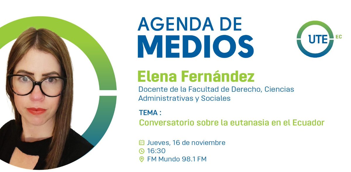 UTEoficial's tweet photo. #UTEenMedios | 🎙️Esta tarde sintoniza @fmmundo y sigue el programa El Mundo de Cabeza con Karol Noboa. Nuestra docente de @UTEDerechoyCCSS, Elena Fernández, junto a otros expertos, conversarán sobre la eutanasia en el Ecuador.
⏰16:30
📻98.1
📍https://t.co/joAs8CSKMU https://t.co/vkAjKQXtj5