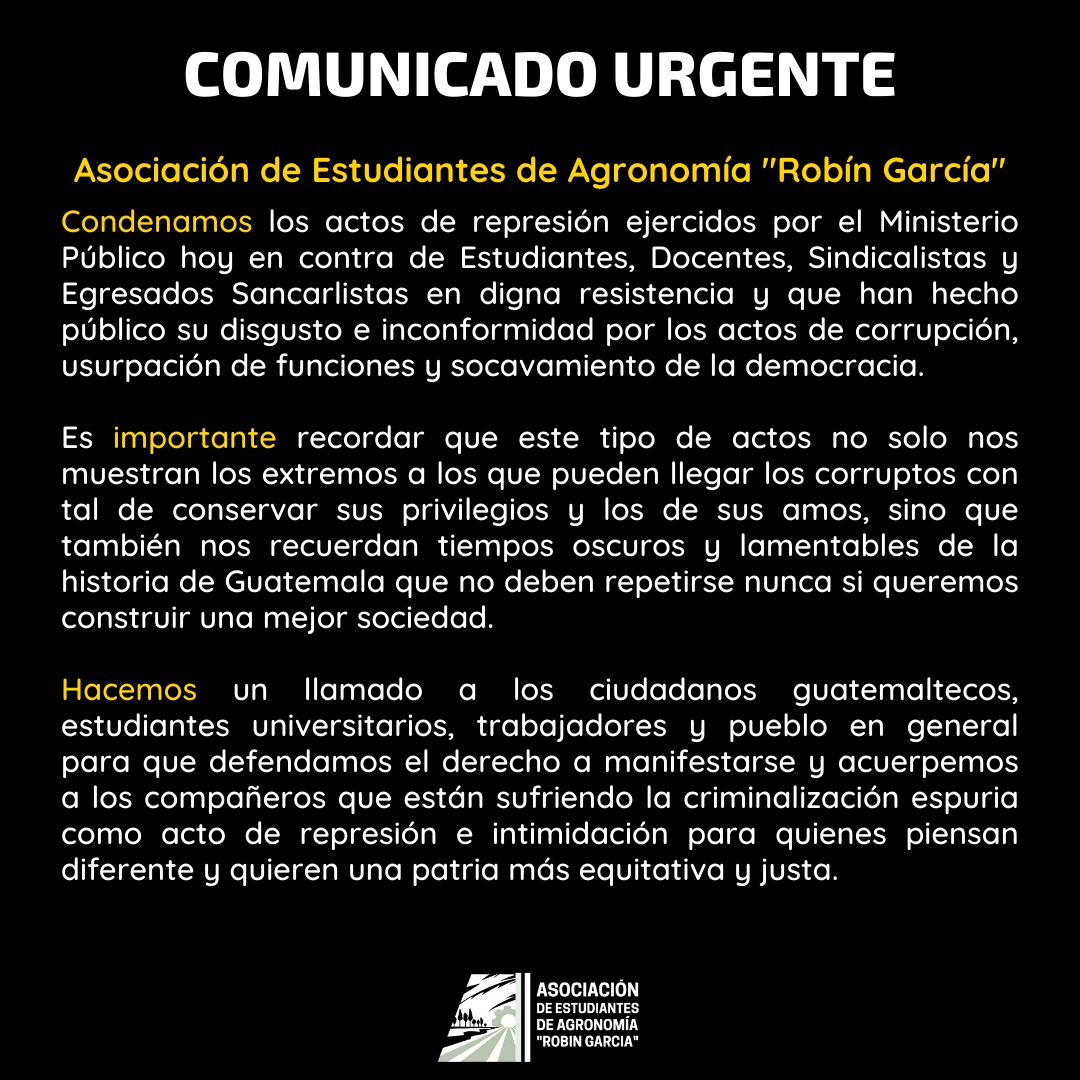 AeaRobin's tweet photo. El gobierno de Giammattei mediante la golpista Consuelo Porras, el Ministerio Publico y la usurpadora administración de Mazariegos criminaliza estudiantes, profesores y sindicalistas en la USAC. 
#URGENTE #mp https://t.co/FTyF5IozTA