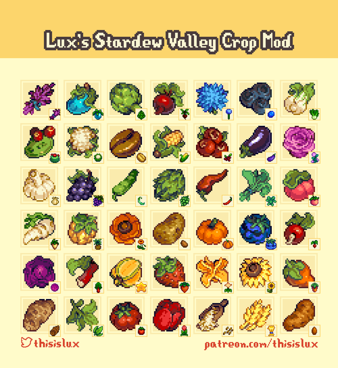 thisislux's tweet photo. Hello Stardew Valley enjoyers! Did you know I have a SDV mod available for free on Nexusmods?

🌽🍓🥔🌶️🌻🍅🥬🍍🌵 https://t.co/a6szwT1LkE