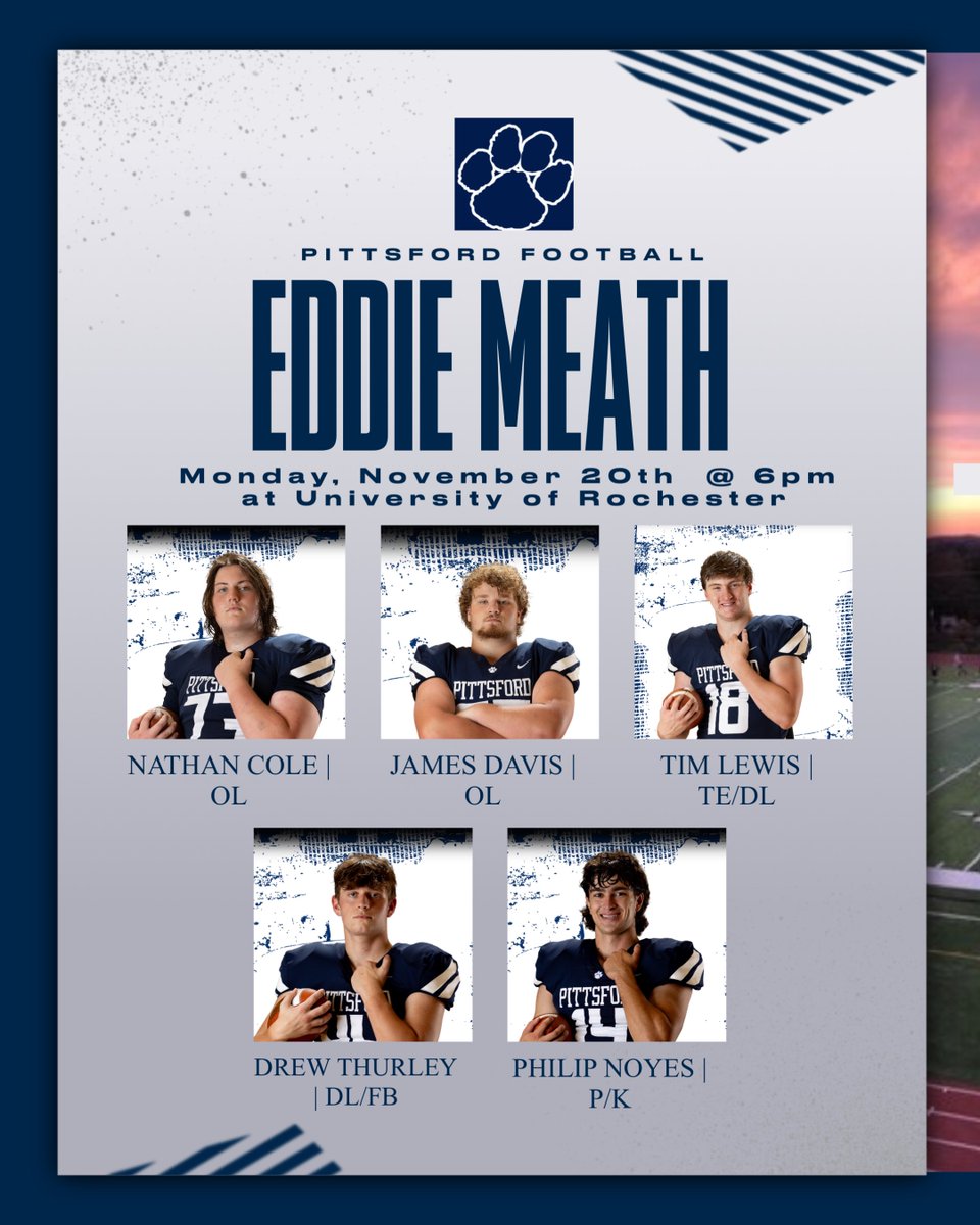 Congratulations to our guys for being selected to play in the Eddie Meath All-Star Game next week!  #GoPanthers <a href="/CoachMolinich/">Keith Molinich</a> <a href="/SecVFootball/">Section V Football</a> <a href="/PCSDAthletics/">Pittsford Athletics</a>