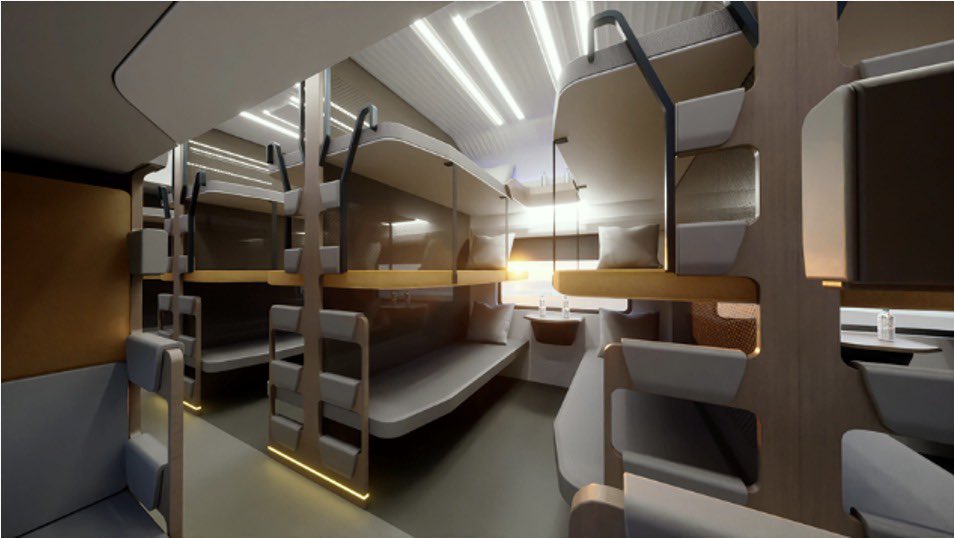 RedCabin_Events's tweet photo. The Indian Vande Bharat sleeper train has unveiled its new railway interior concept 🚄

The train, with features never seen before on Indian Railways, will roll out for testing in 2024.

Learn more here: https://t.co/whNnPa6veu

#PaxEx #VandeBharat #TrainInterior #Innovation https://t.co/Pg1cfApyzG