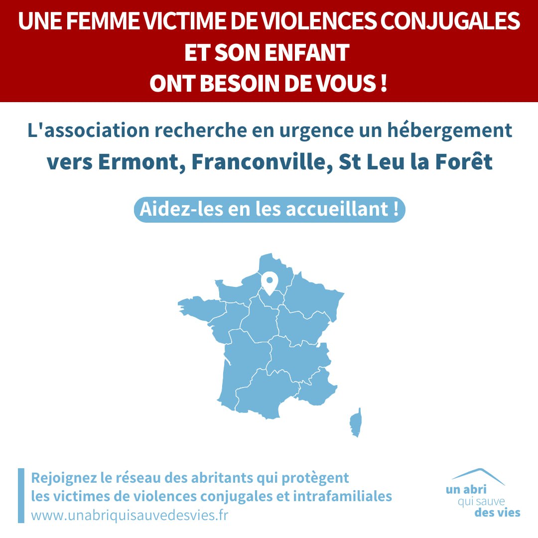⚠️ URGENCE #VIOLENCESCONJUGALES ⚠️

Un abri qui sauve des vies recherche un lieu sûr pour héberger en urgence une femme et son enfant à 📍 #Ermont (95) ou proche. 

Pour l'aider, vous pouvez l'accueillir. La durée est déterminée selon vos disponibilités.

Merci de partager 🙏
1/2