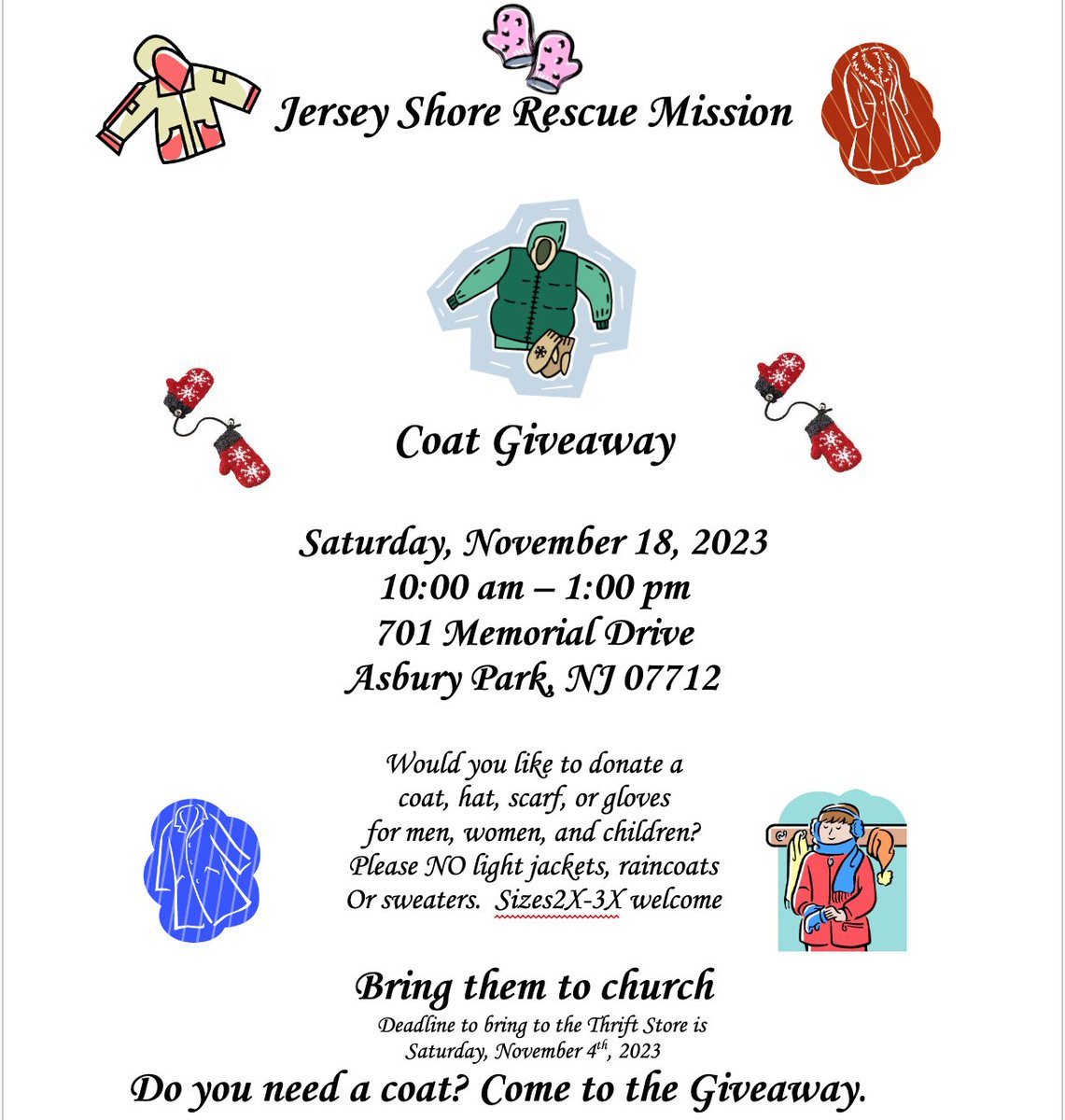 Coat giveaway this Saturday November 18th for those most in need! 
Entrega de abrigos gratis este sábado 18 de noviembre para los más necesitados!
🧥🥶🧤