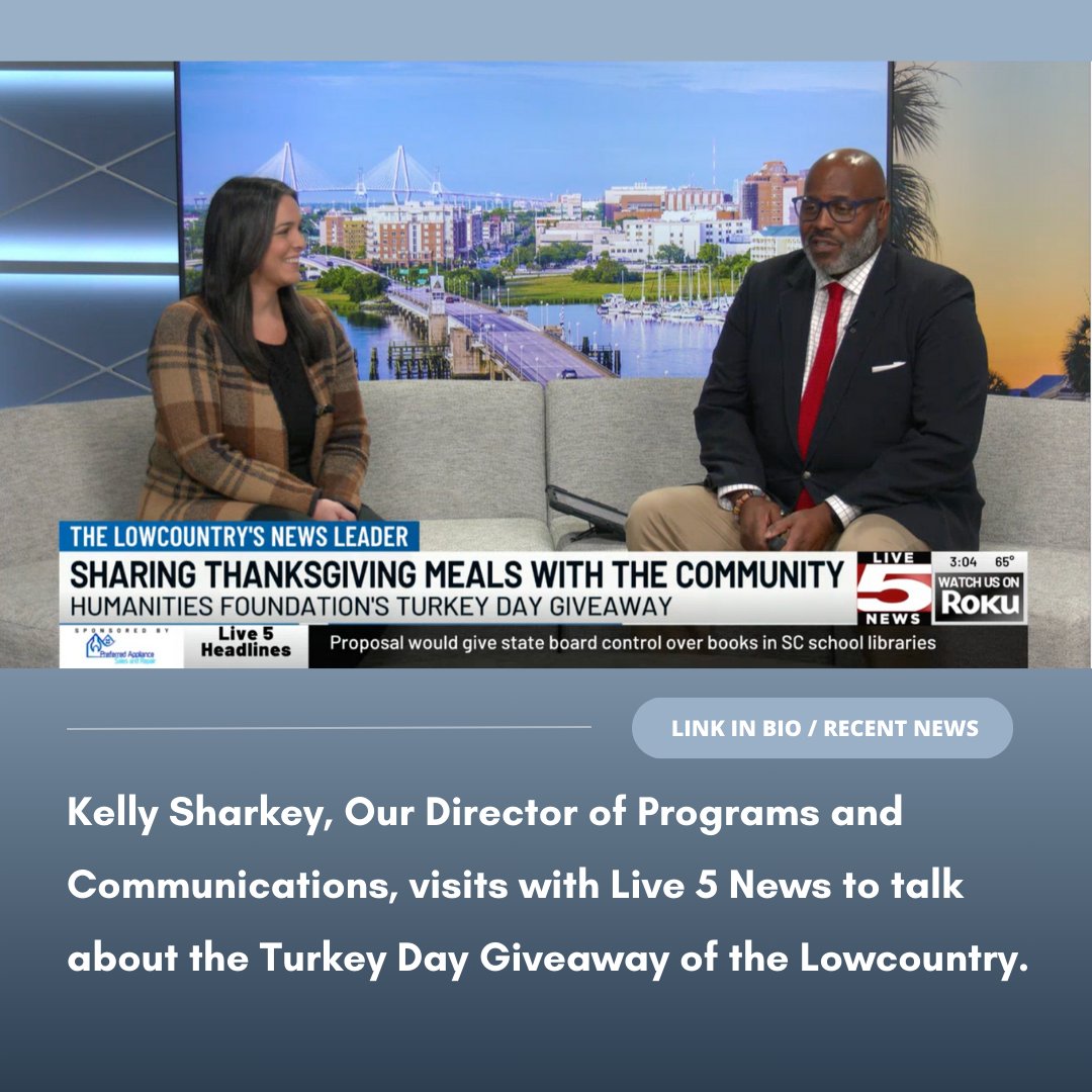 HumanitiesFndtn's tweet image. Kelly Sharkey, Our Director of Programs and Communications, visits with Live 5 News to talk about the Turkey Day Giveaway of the Lowcountry and upcoming events. #turkeydaygiveaway #humanitiesfoundation #live5 @live5news