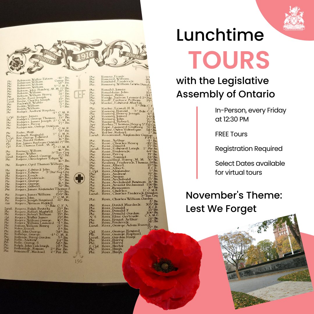 Looking for something interesting to do over lunch? Join us for a Lunchtime Tour - every Friday in November at 12:30 pm (select virtual dates available too). This month's theme is in honour of Remembrance Day. Free. More info: ow.ly/gJYK50Q0IOE