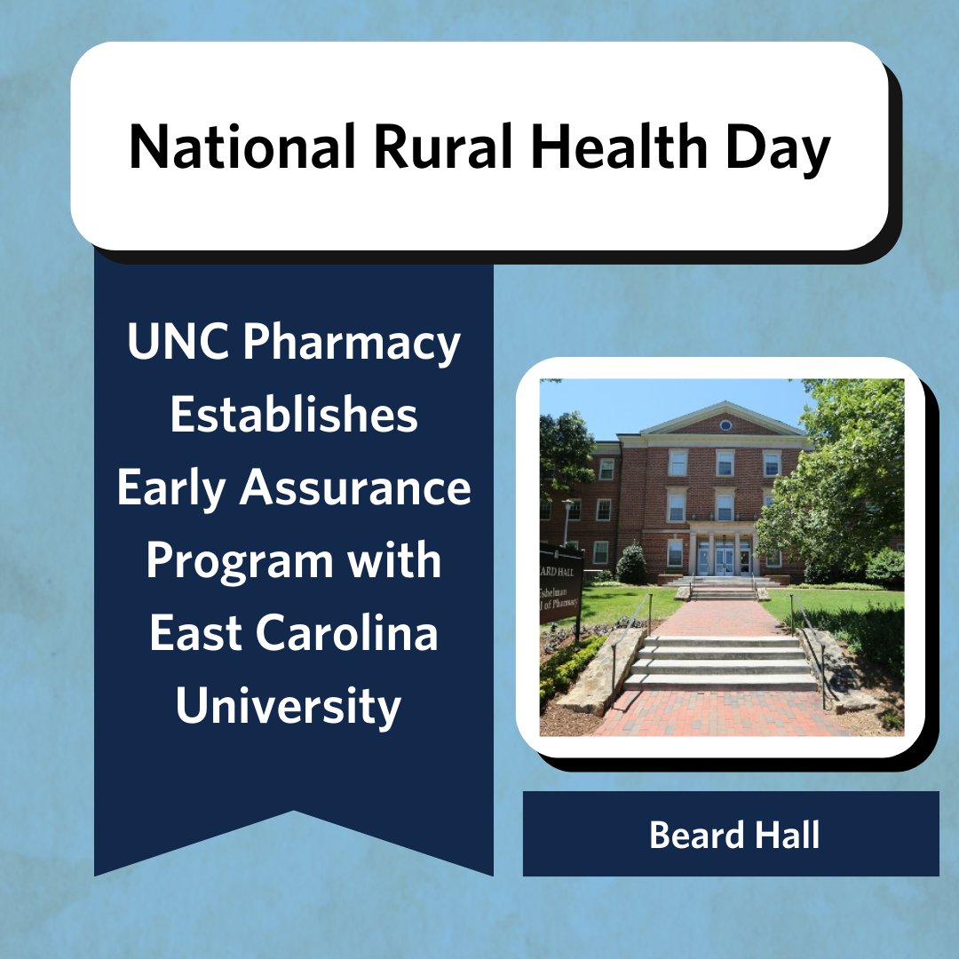 In honor of National Rural Health Day we want to highlight some of the school’s initiatives, programs and people who are helping serve rural communities. The #UNCPharmacy Early Assurance Program is creating pathways to success for students across N.C! unc.live/3MMs9ZI