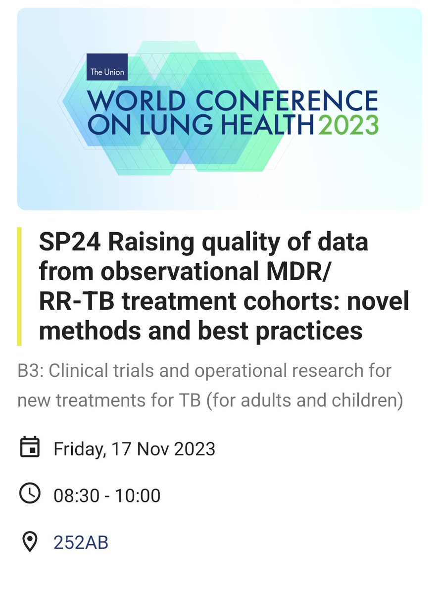 Mathieu Bastard (@mba_statgtb) on Twitter photo Join us tomorrow morning for a great symposium at the #UnionConf2023 (SP24) on new methods to analyze observational MDR/RR-TB treatment cohorts
<a href="/MollyFranke1/">Molly Franke</a> Join us tomorrow morning for a great symposium at the #UnionConf2023 (SP24) on new methods to analyze observational MDR/RR-TB treatment cohorts
<a href="/MollyFranke1/">Molly Franke</a>
