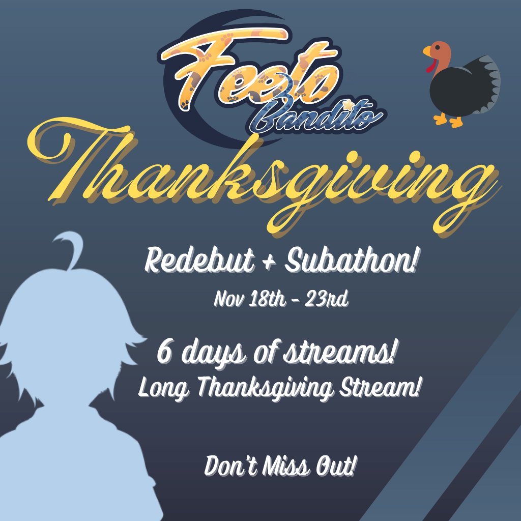 Feeto Bandito ๐ซณ ๐งฆ VTuber (@feetobandito) on Twitter photo Hey Everyone!  I'll be debuting my new model on Saturday (9am PST) and doing a subathon until Thanksgiving!  Stream times and subathon rewards/punishments will be posted shortly!  Retweets appreciated!  <3 Hey Everyone!  I'll be debuting my new model on Saturday (9am PST) and doing a subathon until Thanksgiving!  Stream times and subathon rewards/punishments will be posted shortly!  Retweets appreciated!  <3