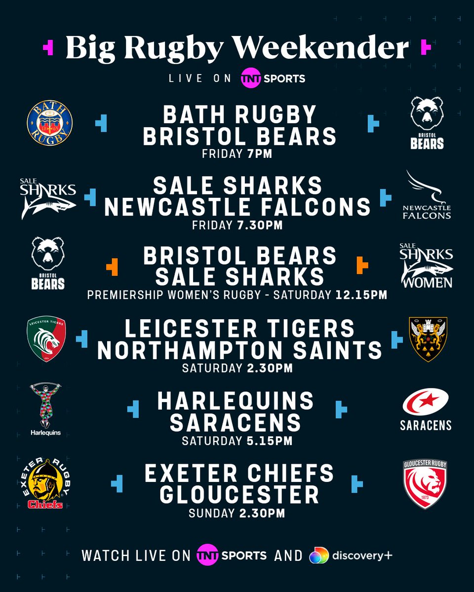 Rugby on TNT Sports (@rugbyontnt) on Twitter photo A huge weekend of rugby lies ahead 😍
Catch the <a href="/premrugby/">Premiership Rugby</a> Derby Weekend AND the start of <a href="/ThePWR/">Premiership Women's Rugby</a> live on TNT Sports and <a href="/discoveryplusUK/">discovery+ UK</a> 🍿
#GallagherPrem | #PWR A huge weekend of rugby lies ahead 😍
Catch the <a href="/premrugby/">Premiership Rugby</a> Derby Weekend AND the start of <a href="/ThePWR/">Premiership Women's Rugby</a> live on TNT Sports and <a href="/discoveryplusUK/">discovery+ UK</a> 🍿
#GallagherPrem | #PWR