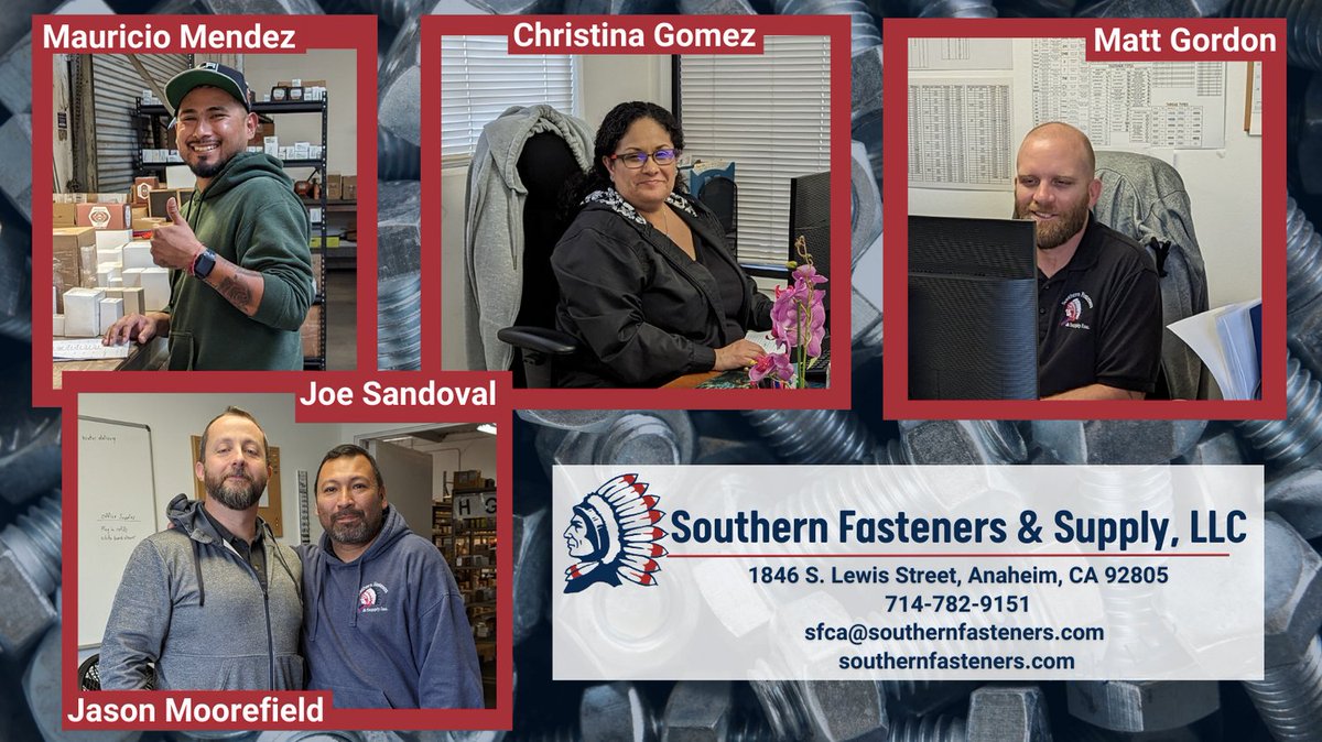 SFandS_LLC's tweet photo. Recently NC Fastener Family member, Jason, visited our CA Fastener Family and we wanted to show off those amazing folks. 

If you're in/around Anaheim they're ready to FASTENate you!

#southernfasteners #nutsandbolts #FastenerFamily #FromNCtoCA #coasttocoast #contactus https://t.co/E8P0Ero9S6