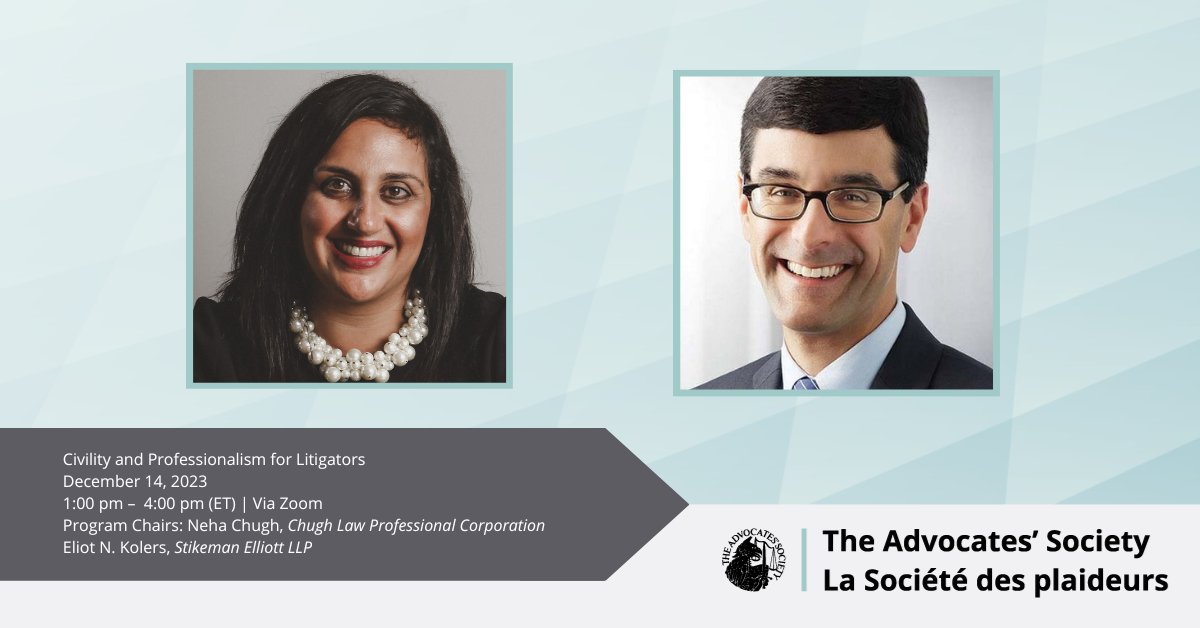 Join program chairs <a href="/nehachughlaw/">CC</a> (recipient of the 2022 Catzman Award for Professionalism &amp; Civility) and Eliot Kolers on Dec 14 at Civility for Litigators for engaging CPD on the ethics of AI, advancing EDI-related arguments in court &amp; much more! #TASCPD ow.ly/5Fza50Q6wrw