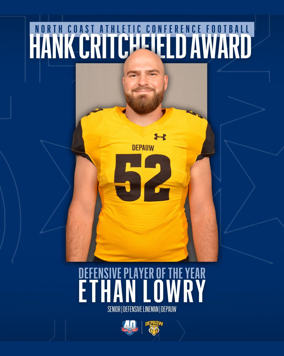 Ethan Lowry of @DePauwTigersFB earned the Hank Critchfield Award naming him the 2023 @NCAC Defensive Player of the Year! Congrats Ethan!! #NCACPride | #NCACFamily | #NCACfb Read the story to find out who made the 🏈 team: tinyurl.com/2frje933