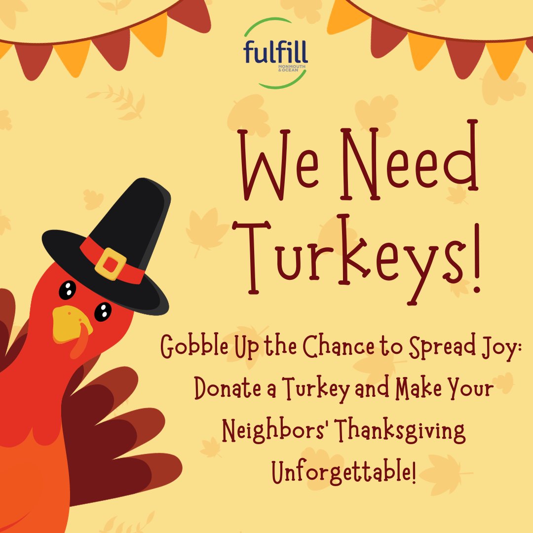 Make a difference this Thanksgiving. YOU can put hope on the table for families in need right here in Monmouth and Ocean counties. Turkeys can be dropped off Monday - Friday, 9 a.m. - 4 p.m. at our Neptune facility. We appreciate your generosity!🦃🍽️