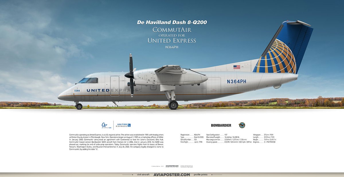 Rulexy2's tweet photo. DeHavilland Dash 8-Q200 CommutAir
operated for United Express
Registration: N364PH
Type: Dash 8-202Q
Engines: 2 × PW PW123D
Serial Number: 524
First flight: Jun 2, 1998
Poster for Aviators.
https://t.co/pnIiTmFJwU
#aviation #pilots #Dash8 #DeHavilland #TTail #regionalairlines https://t.co/e57AXJo8ut