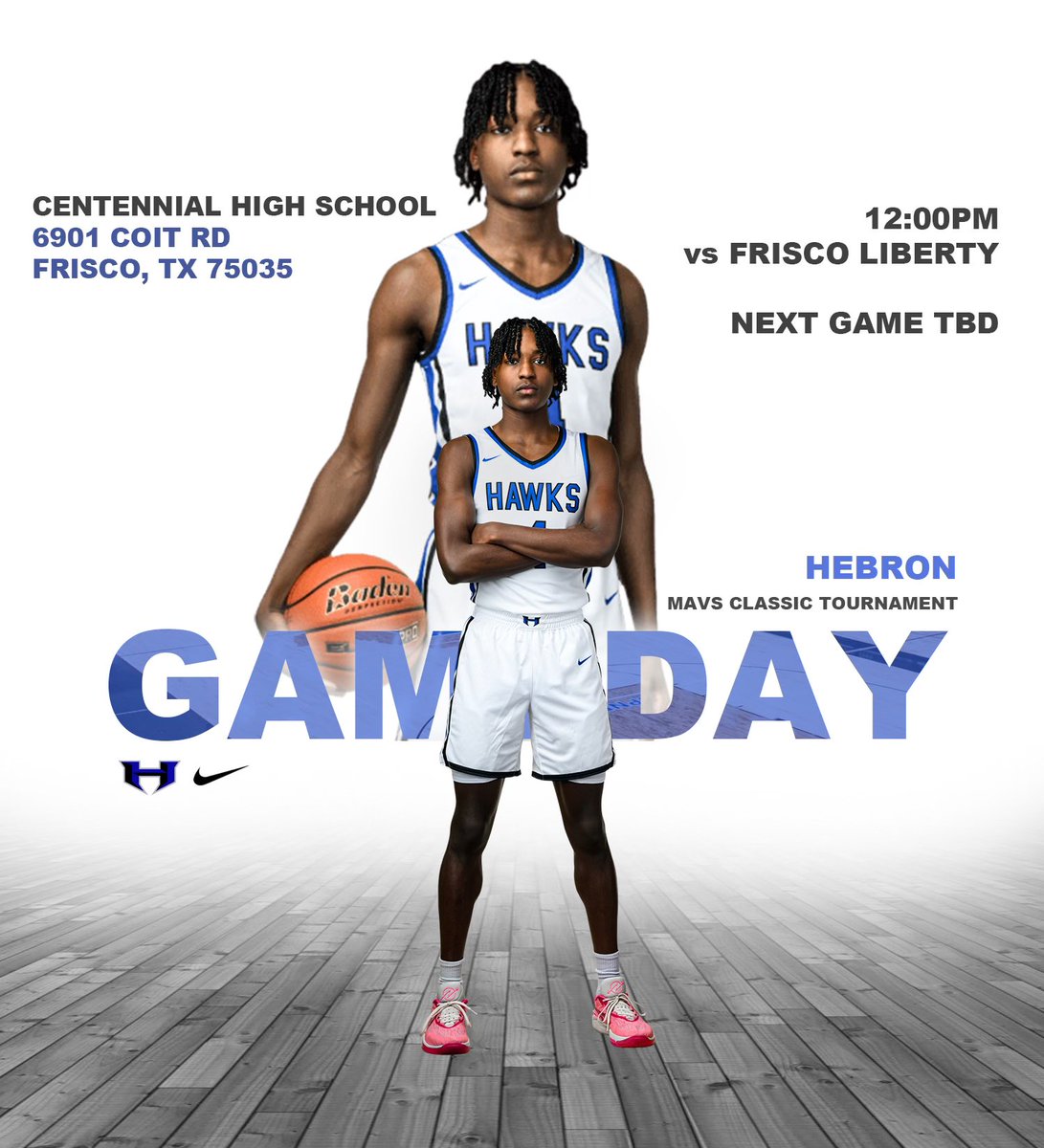 Hebron High School Boys Basketball (@hebronhawksbb) on Twitter photo 🔵⚪️ GAMEDAY 🔵⚪️
@ The Mavs Classic Tournament
Game 1:
Hebron 🆚 <a href="/LibertyRedhawk/">Liberty Basketball</a>
📍 at Frisco Centennial HS (Aux)
⌚️ Varsity - 12:00pm
Game 2:
Hebron 🆚 TBA
📍 at Frisco Centennial HS
⌚️ Varsity - 4:30pm
#ItsJustWork 🔵⚪️ GAMEDAY 🔵⚪️
@ The Mavs Classic Tournament
Game 1:
Hebron 🆚 <a href="/LibertyRedhawk/">Liberty Basketball</a>
📍 at Frisco Centennial HS (Aux)
⌚️ Varsity - 12:00pm
Game 2:
Hebron 🆚 TBA
📍 at Frisco Centennial HS
⌚️ Varsity - 4:30pm
#ItsJustWork
