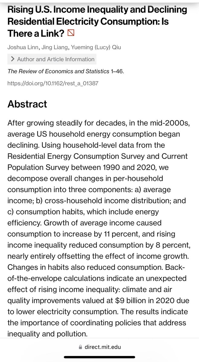 Happy to share our new paper at Review of Economics and Statistics: rising income inequality reduced consumption by 8 percent. @restatjournal with Josh Linn @UMD_AGNR AREC and Jing Liang @UMDResearch @UMDPublicPolicy @rff @CtrGlobSust direct.mit.edu/rest/article-a…