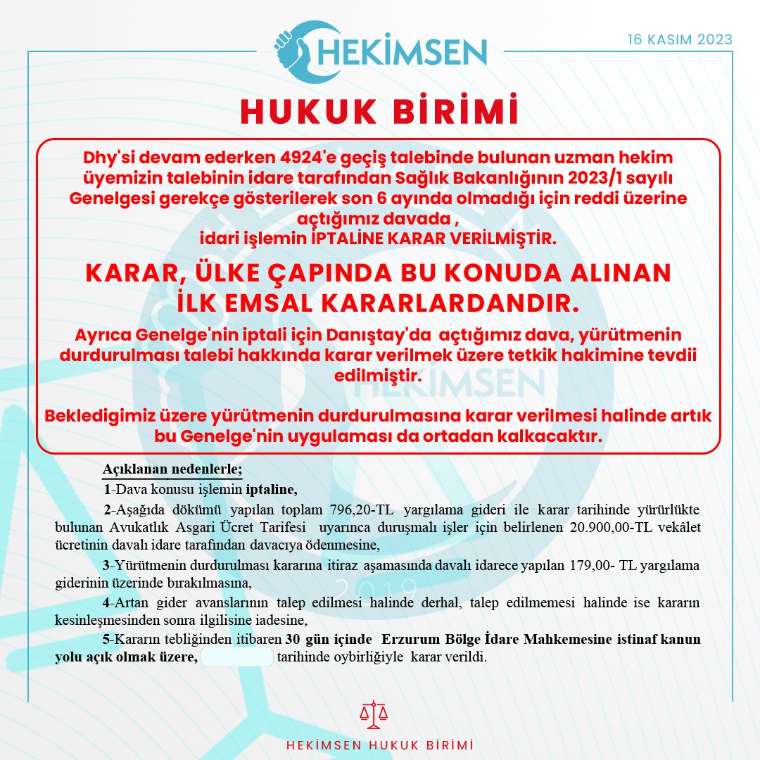 Dhy'si devam ederken 4924'e geçiş talebinde bulunan uzman hekim üyemizin talebinin idare tarafından Sağlık Bakanlığının 2023/1 sayılı Genelgesi gerekçe gösterilerek son 6 ayında olmadığı için reddi üzerine açtığımız davada , idari işlemin İPTALİNE KARAR VERİLMİŞTİR.

Karar, Ülke