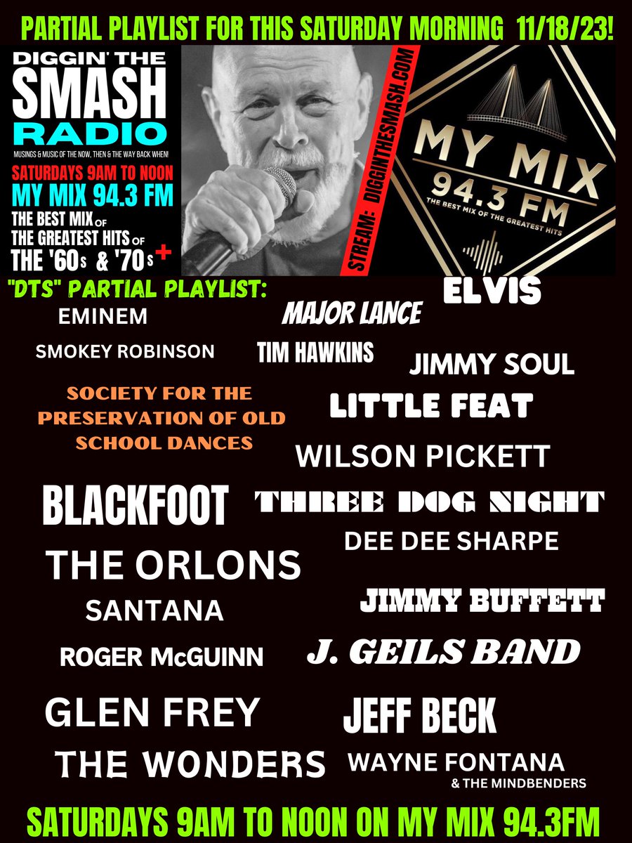 MyMix943's tweet photo. Saturday mornings are groovin' with Diggin the Smash.  9 a.m. until noon on MyMix 94.3FM.  This week features music from Elvis,  Blackfoot, some laughs with Tim Hawkins and much, much more! https://t.co/rnS920iNCE