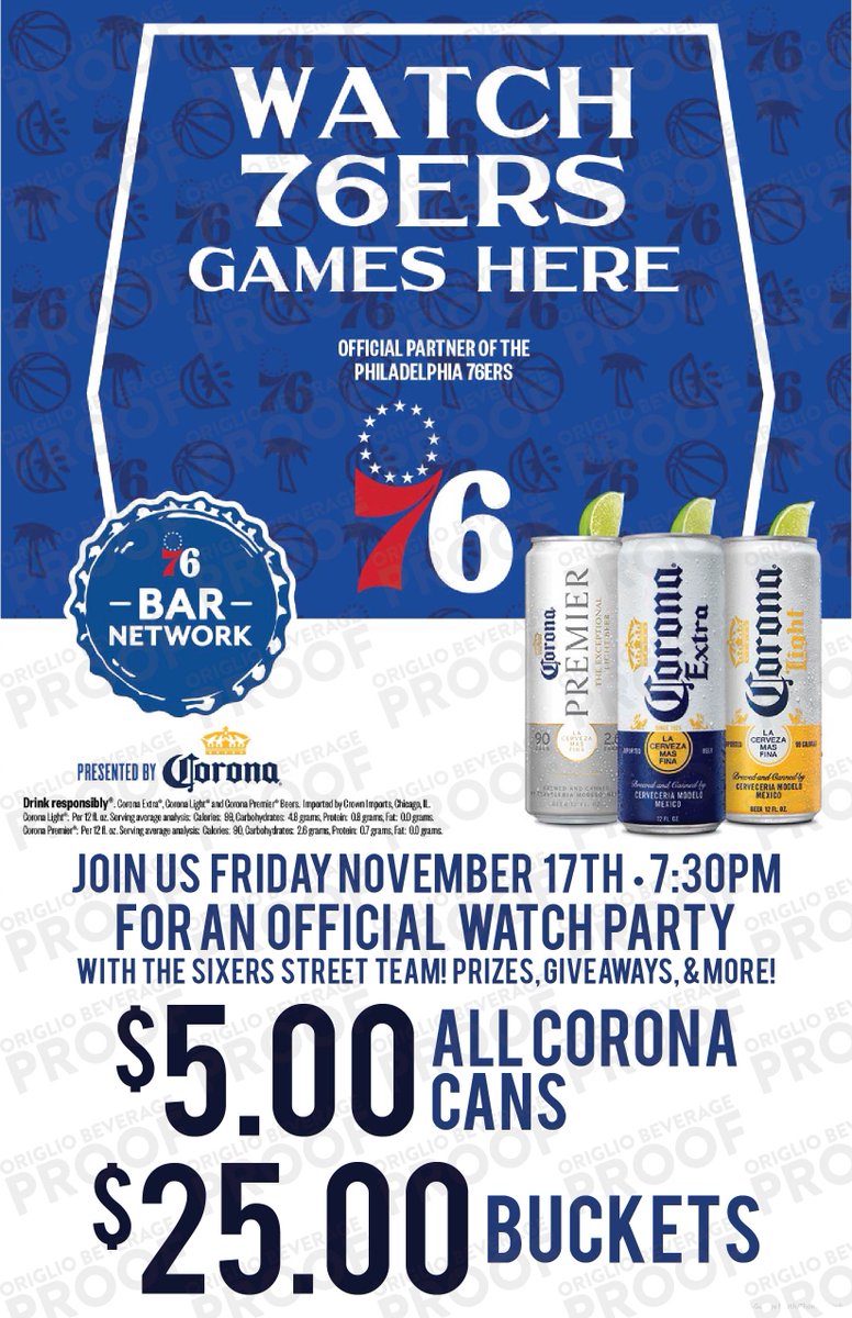 .<a href="/corona/">Corona</a>'s 76ers Bar Network comes to <a href="/GarageFishtown/">Garage (north)</a> on Friday! Stop by for the official watch party as well as <a href="/sixers/">Philadelphia 76ers</a> street team, prizes, giveaways and more!
