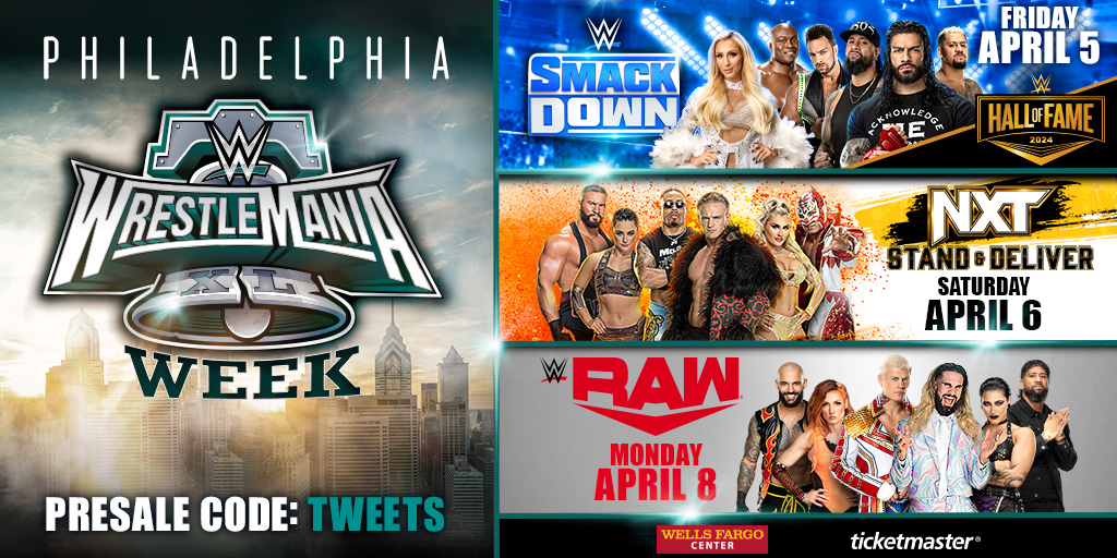 #WrestleMania is coming to Philly with a full week of events! Presale tickets are on sale NOW with code: TWEETS 🎟️: ms.spr.ly/6011iD3Df