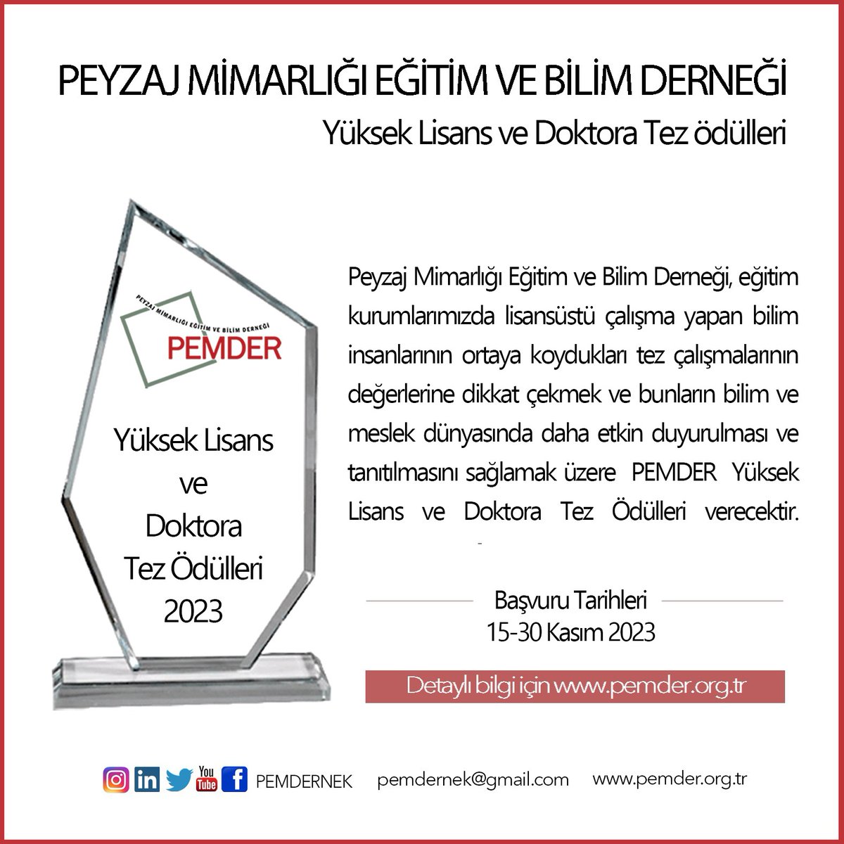 PEMDER Lisansüstü Tez Ödülleri 2023
Ayrıntılı bilgi: pemder.org.tr
Son başvuru: 30 Kasım 2023, 17:00
Başvuru formu: docs.google.com/forms/d/1ozDzo…