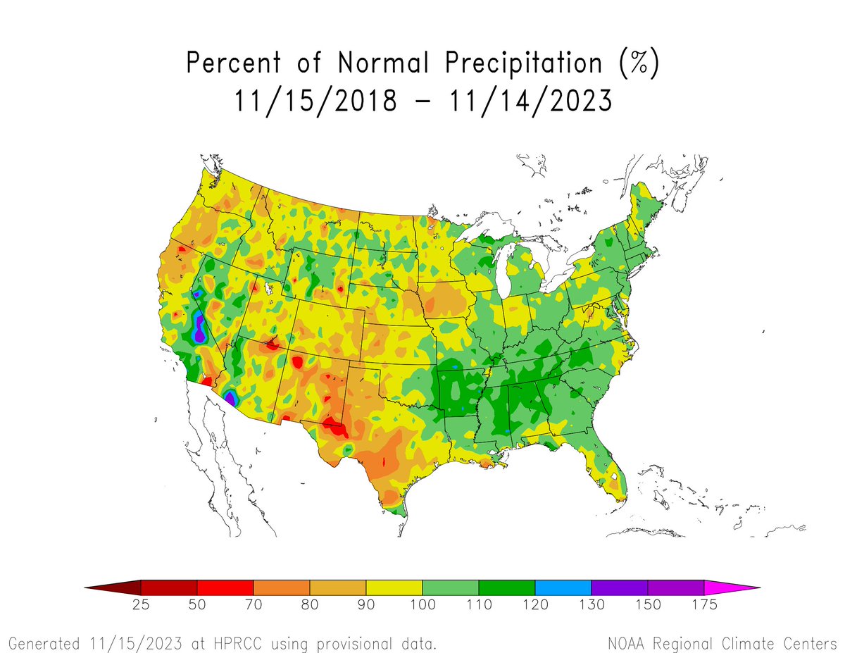 NOAADrought's tweet photo. What state has been the "driest" in the last 5 years?

NM is probably at or near the top of the list.

The 5-year % of normal precip gives some indication. You also have to go back to Oct 2017 to find NM drought free, longer than any other state.

https://t.co/iM1ttX4u2a @NOAA https://t.co/G4U7oI7HWu
