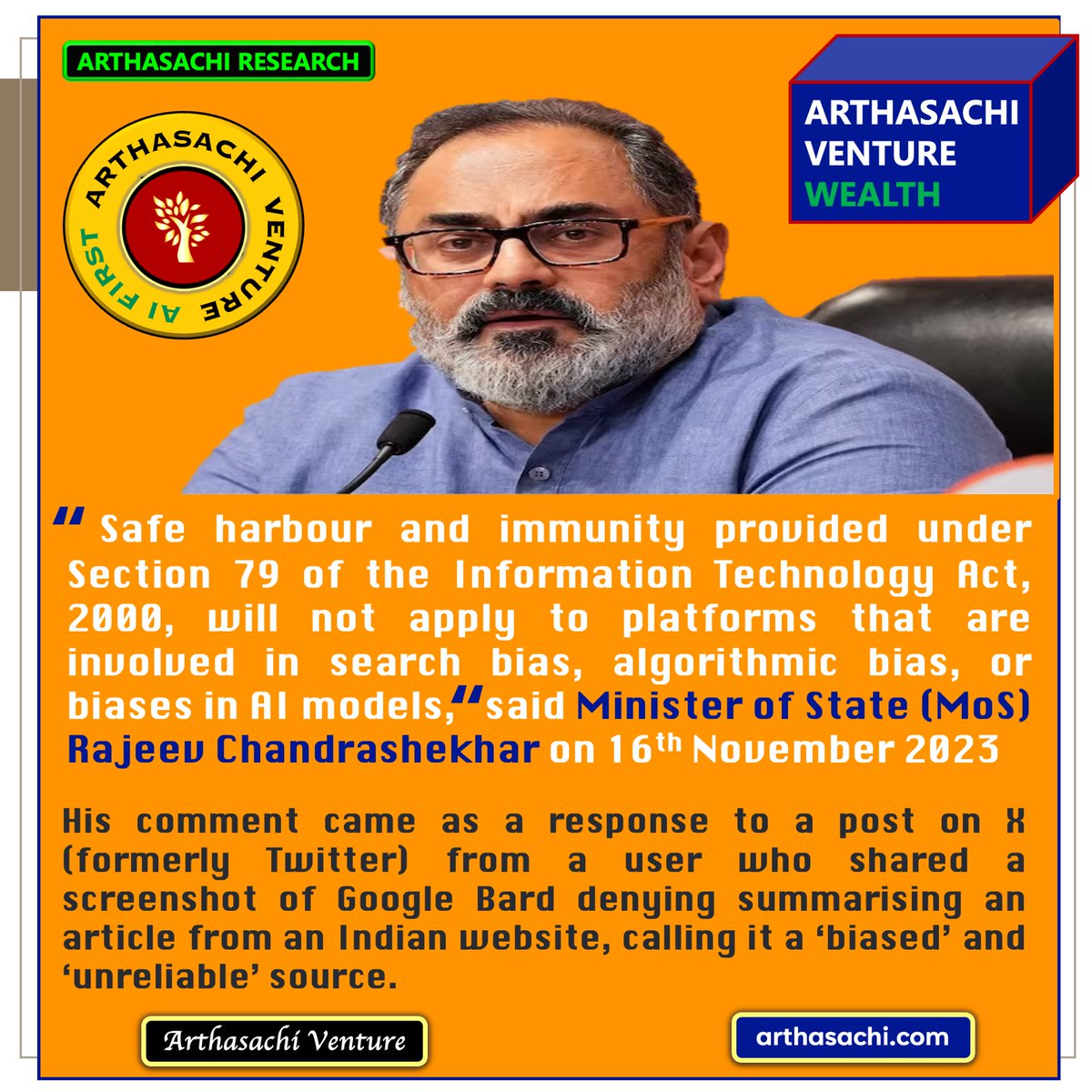 ArthaSachi's tweet photo. Indian Minister of State Rajeev Chandrashekhar, said "Safe harbour and immunity provided under Section 79 of the Information Technology Act, 2000, will not apply to platforms that are involved in search bias, algorithmic bias, or biases in AI models."

#IT #India #Google #Twitter https://t.co/s5vuT19SxQ