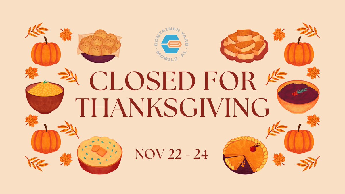 🦃 Thanksgiving Closure🦃 From November 22nd to 24th, Container Yard will be closed for the Thanksgiving holiday. But don't worry, your key fob or back door code still grants you access. Enjoy the holiday, and if you need to work, we're here for you! 🍂🚪 #ThanksgivingClosure