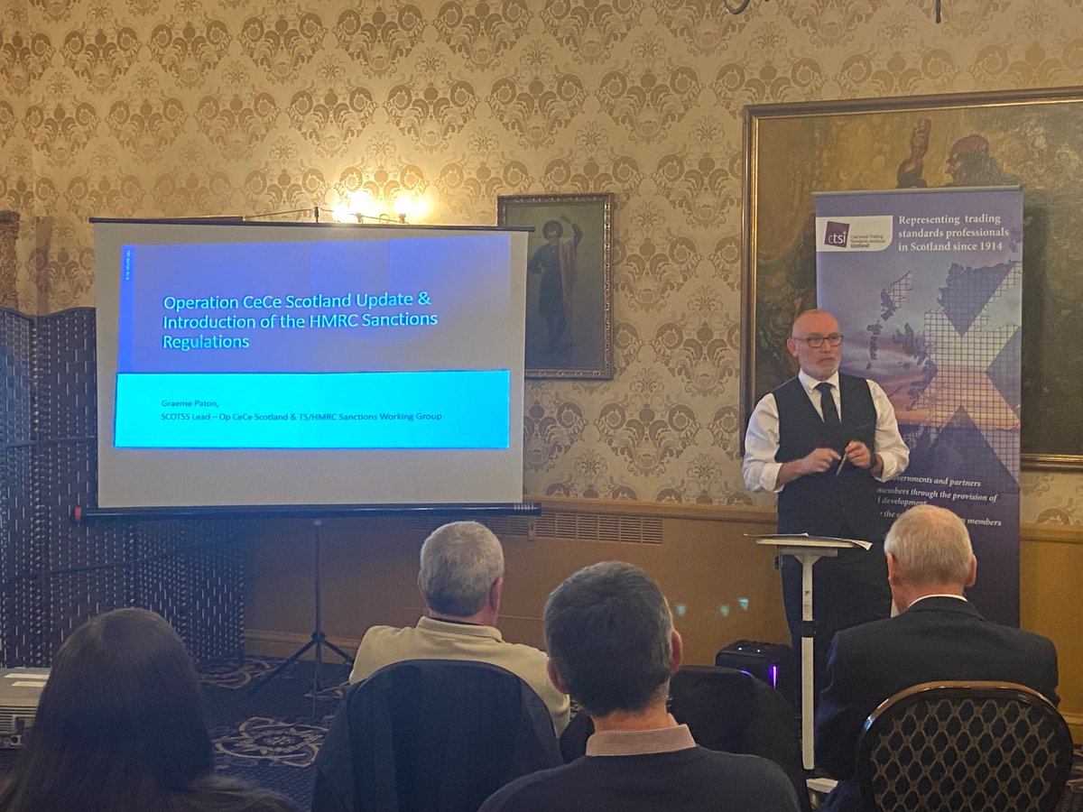 Graeme Paton, SCOTSS lead for Operation CeCe. Talking to delegates about the partnership work between Trading Standards and <a href="/HMRCgovuk/">HM Revenue & Customs</a> in tackling the supply of illicit tobacco in Scotland.