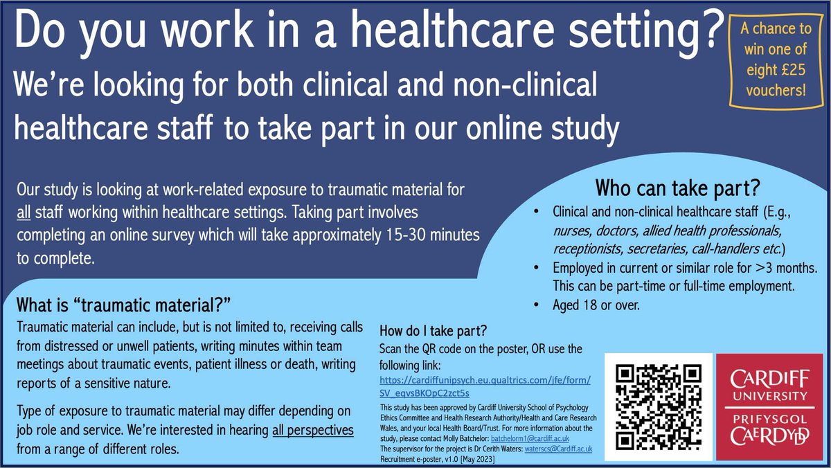 Hello! I'm recruiting for my doctoral research and I'm really keen to hear the voices of UK-based non-clinical healthcare staff e.g., secretaries, clerks, receptionists, administrators.

Can you help by completing or sharing my online survey? Thank you!

cardiffunipsych.eu.qualtrics.com/jfe/form/SV_eq…