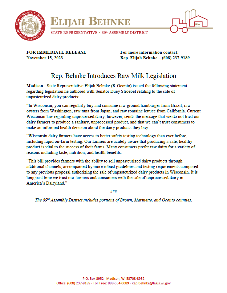 RepBehnke's tweet photo. It is long past time we trust our farmers and consumers with the sale of unprocessed dairy in America's Dairyland!􀁇􀀑 https://t.co/wQBRgiNVpX