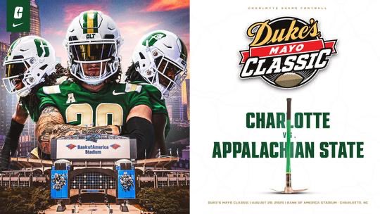Charlotte49ers's tweet image. The stage is set! 😎

@CharlotteFTBL to Face Appalachian State in 2025 @DukesMayoBowl Classic at Bank of America Stadium!